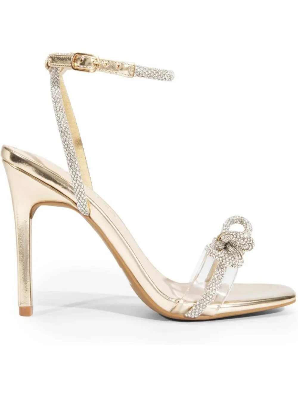 Women's Gold Pu Double Bowknots Crystal Clear Slingback Square Toe Wedding Heels